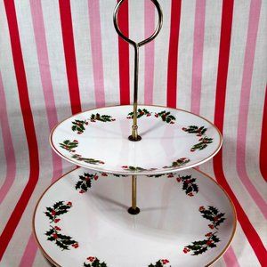 Lovely Mid Century Holly Berry 2 Tier Ceramic Plate Tid Bit Holiday Server Japan